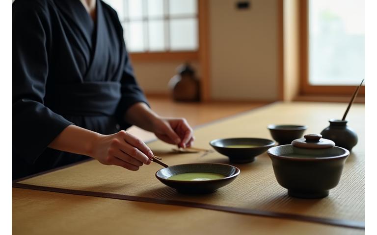 日本の茶室で丁寧にお茶を点てる様子